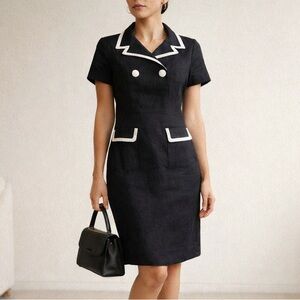 Ross Mayer Women's 100% Linen Vintage Black Contrast-Trim Midi Dress